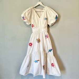 Ciebon Nordstrom Cream Puff Sleeve Embroidered Tropical V Neck Midi Dress small